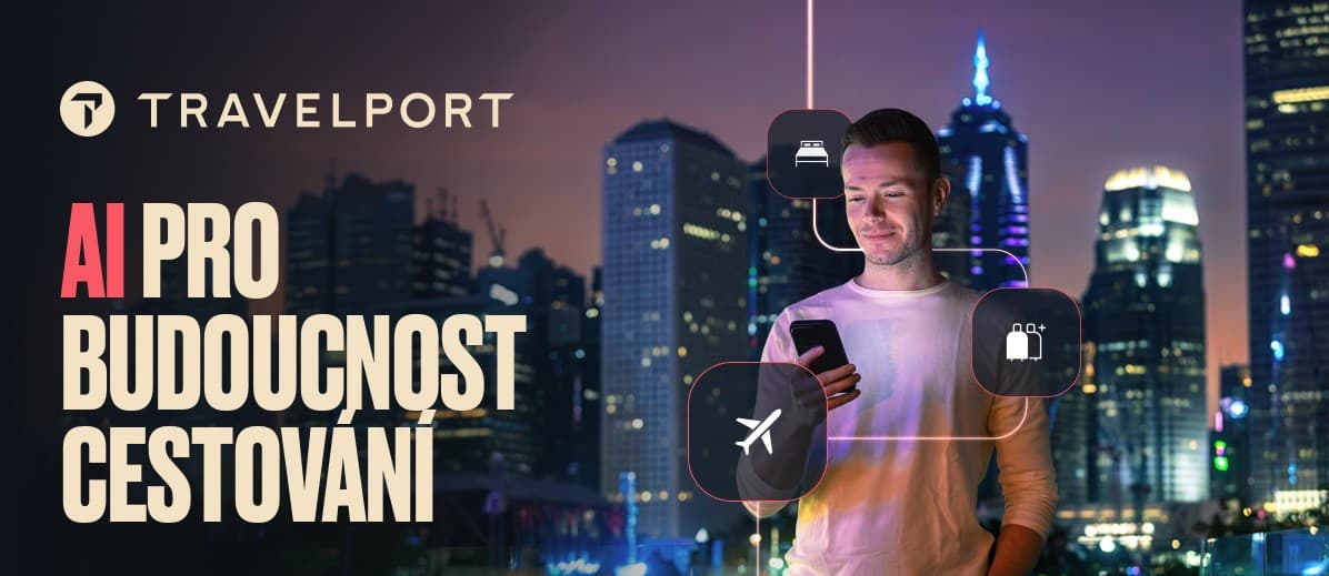 Grafika Travelportu AI pro budoucnost cestování – muž s telefonem před nočním panoramatem města