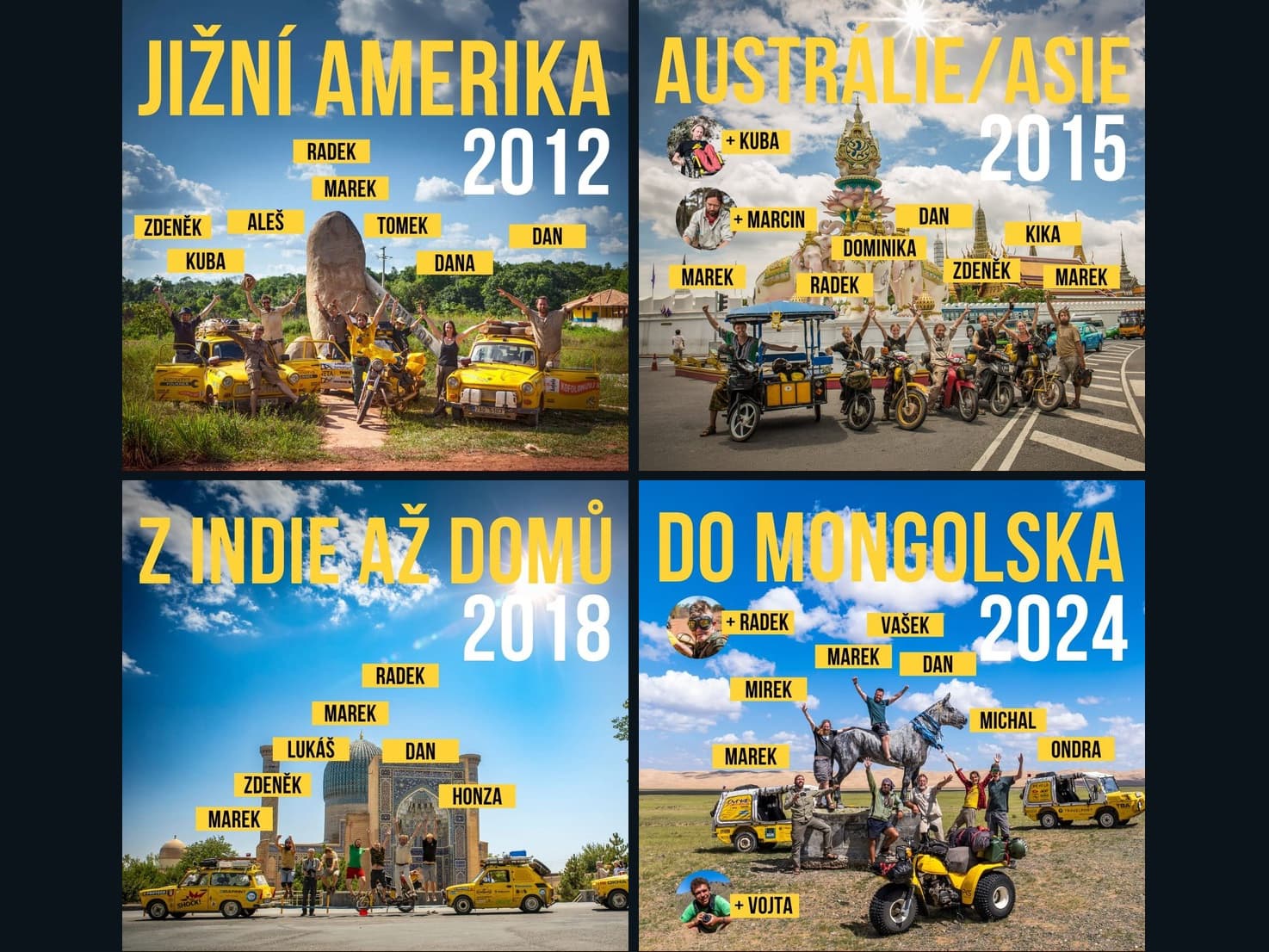 Plakáty čtyř sérií Žlutého cirkusu: Jižní Amerika 2012, Austrálie a Asie 2015, Z Indie až domů 2018, Do Mongolska 2024