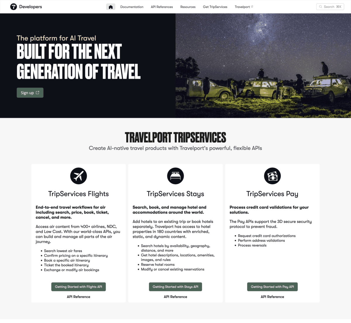Portál pro vývojáře TripServices s rozhraními Flights, Stays a Pay API